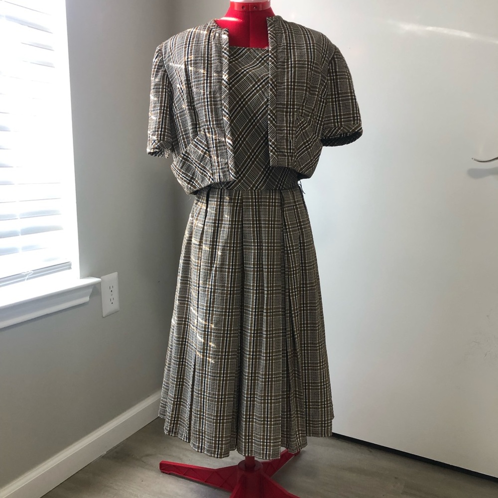 Brown & black plaid true vintage unlabeled dress with matching bolero